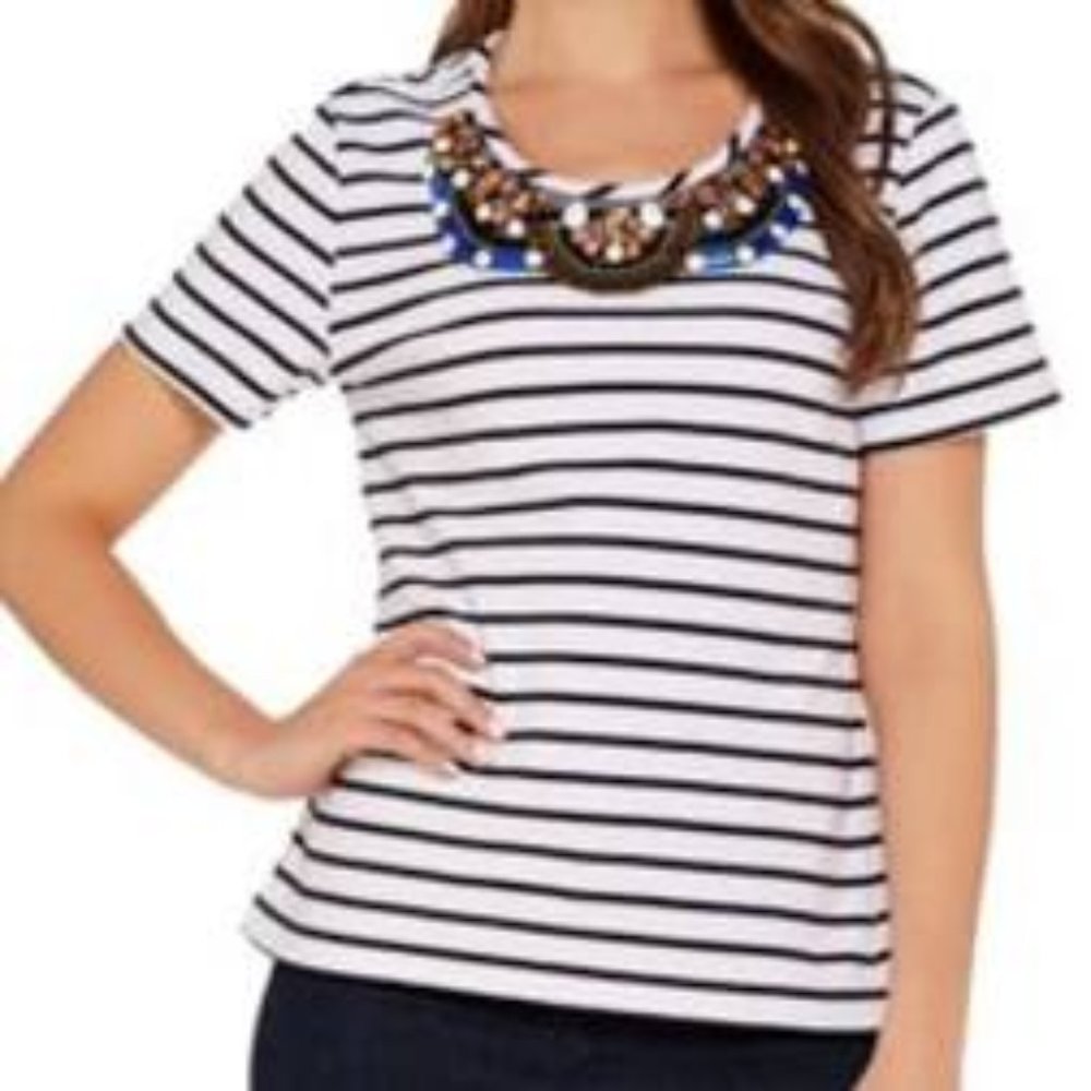 Brooke Shields Stripe Jewel Collar Top Size Medium